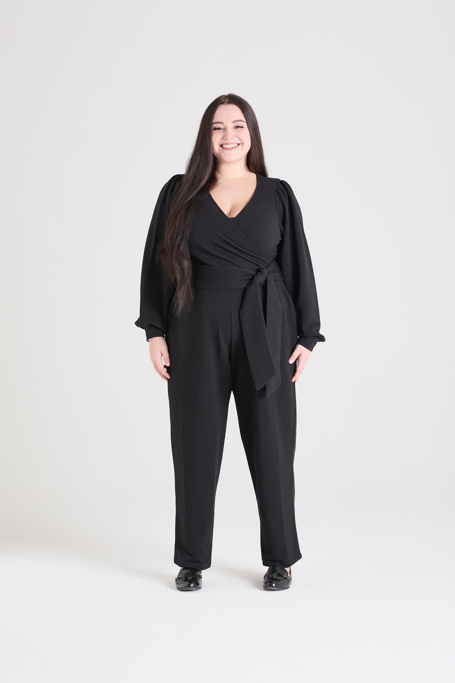 Jumpsuit de envoltura de manga larga otomana - Negro