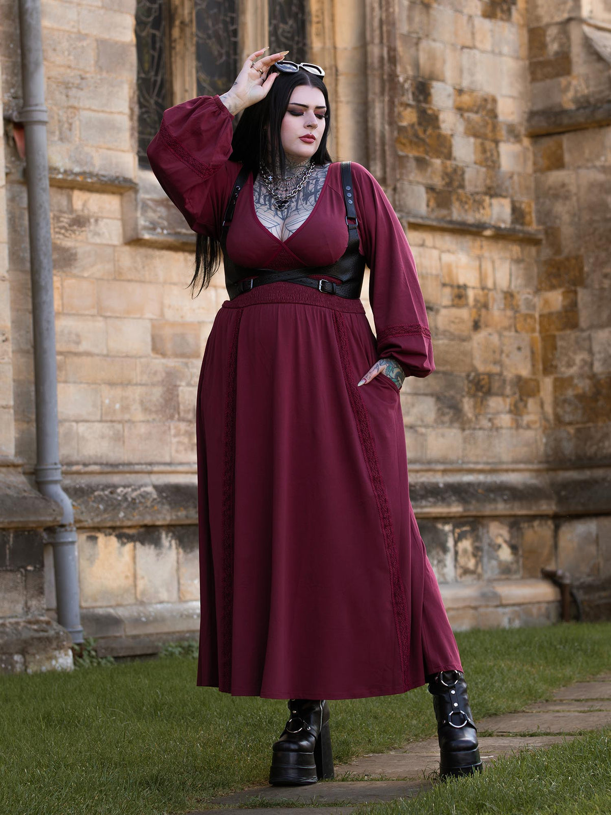 Skye Balloon Sleeve Lace Trim Dress - Burgundy