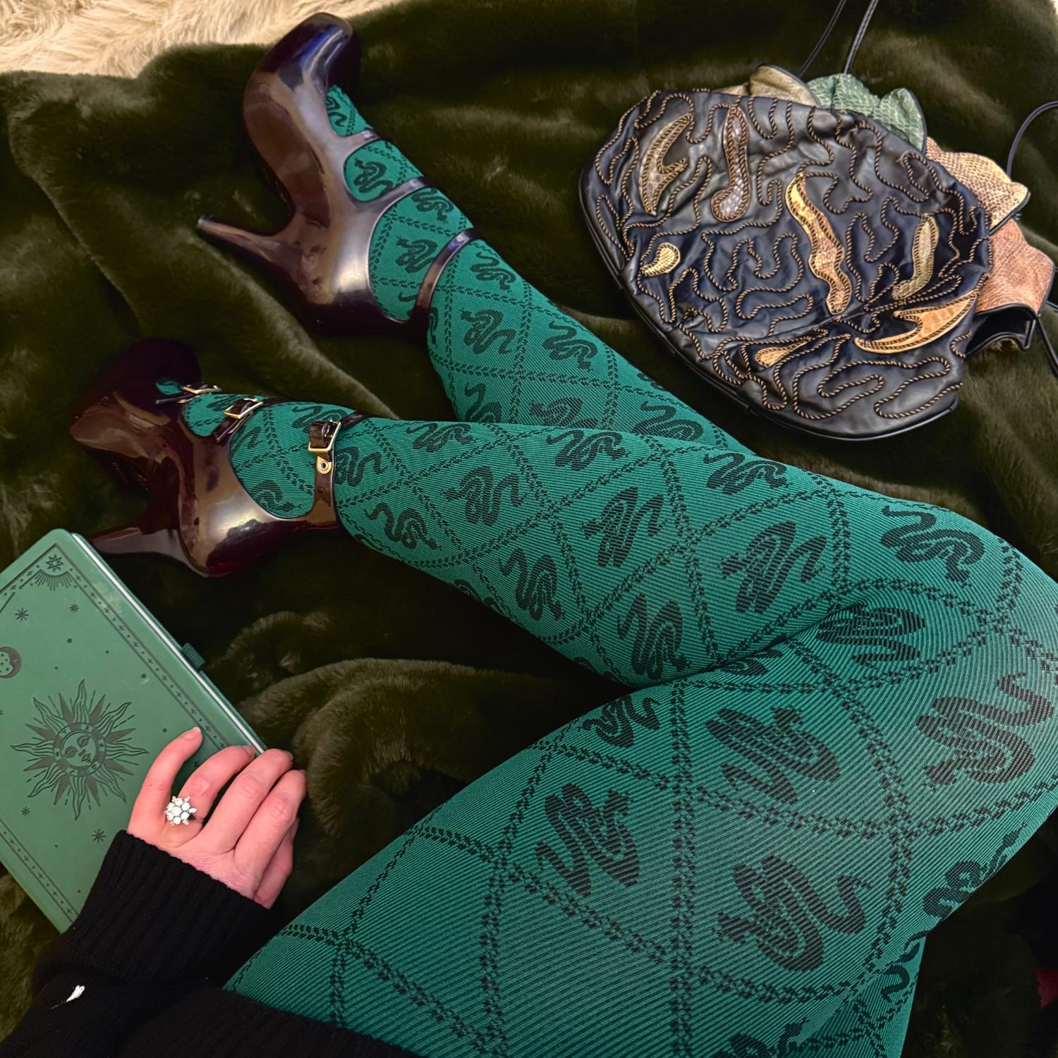 80 Denier Opaque Tights - Corra Snakes - Foliage Green