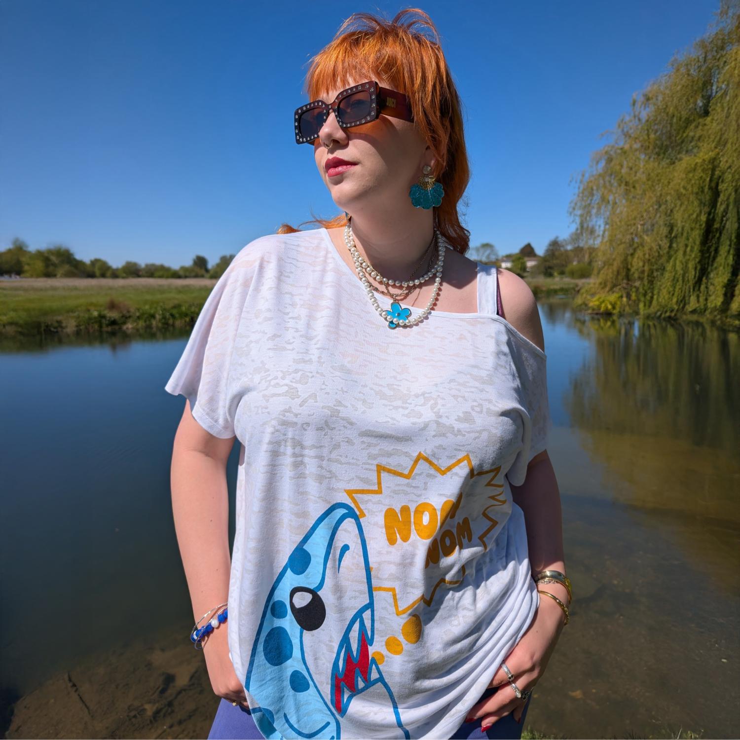 Debbie Off-Shoulder Tee - NOM-NOM Shark Print