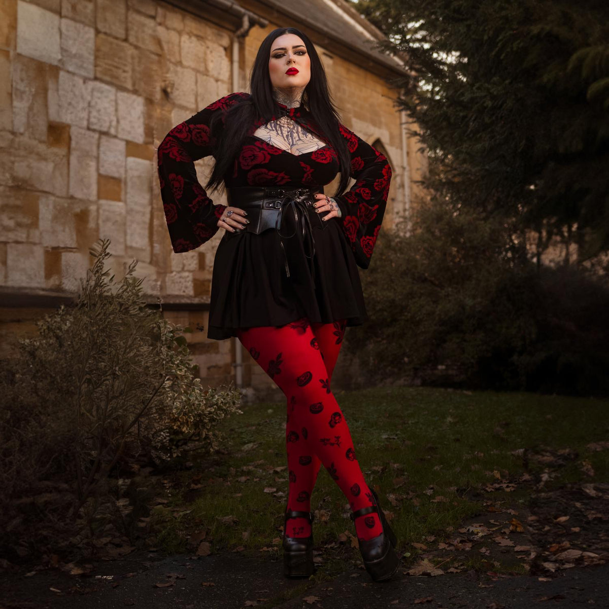 80 Denier Opaque Tights - Danu Skull Flower - Blood Red