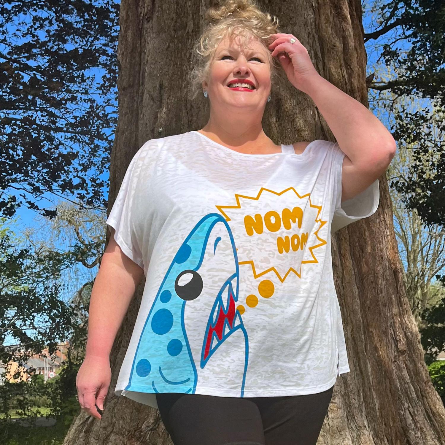 Debbie Off-Shoulder Tee - NOM-NOM Shark Print