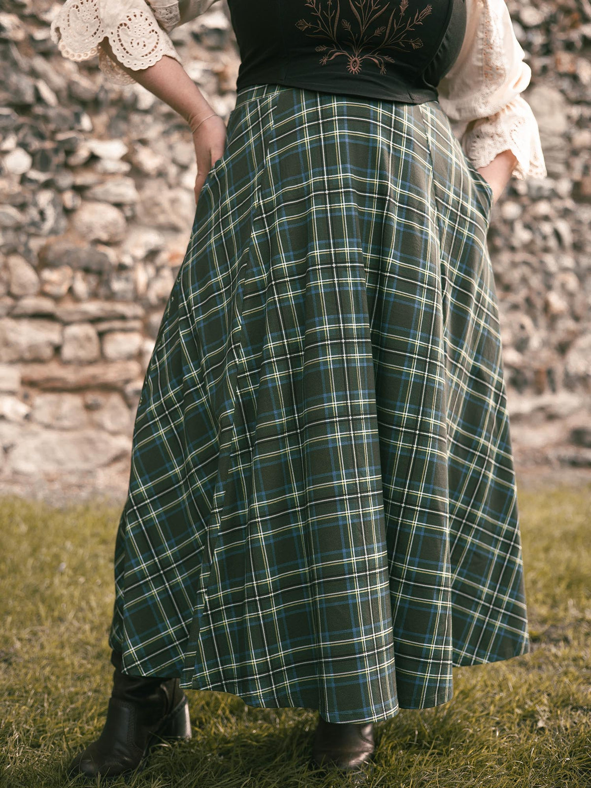 Islay Jersey Maxi A-Line Skirt - Green Tartan
