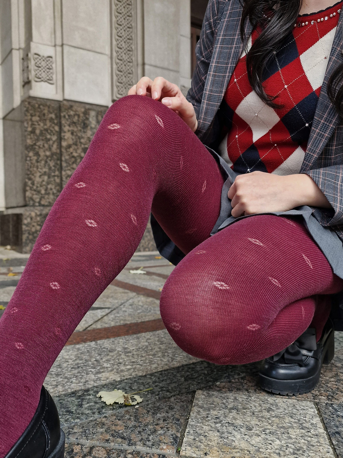 Wool Lace Tights - Ditsy Diamond - Cherry