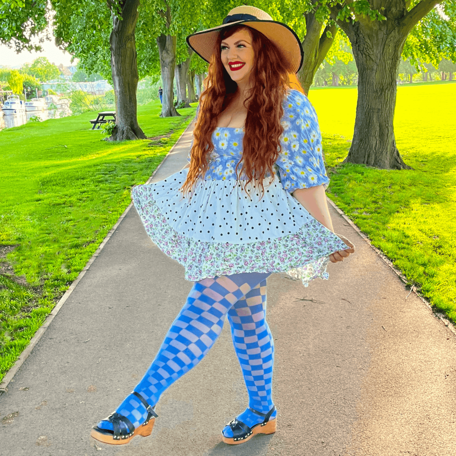 Woman wearing blue checkboard racy tights