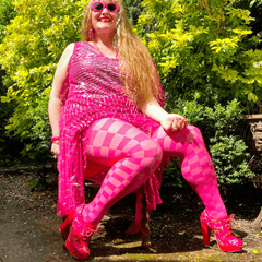 Woman wearing red checkboard racy tights