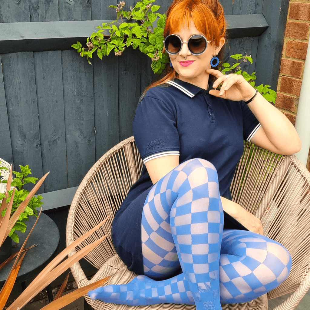 Woman wearing blue checkboard racy tights